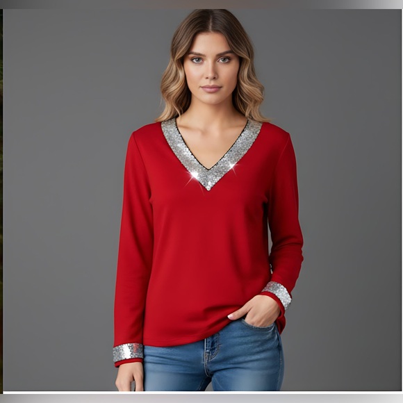Red Contrast Sequin Mesh Sleeve Blouse - Picture 1 of 9